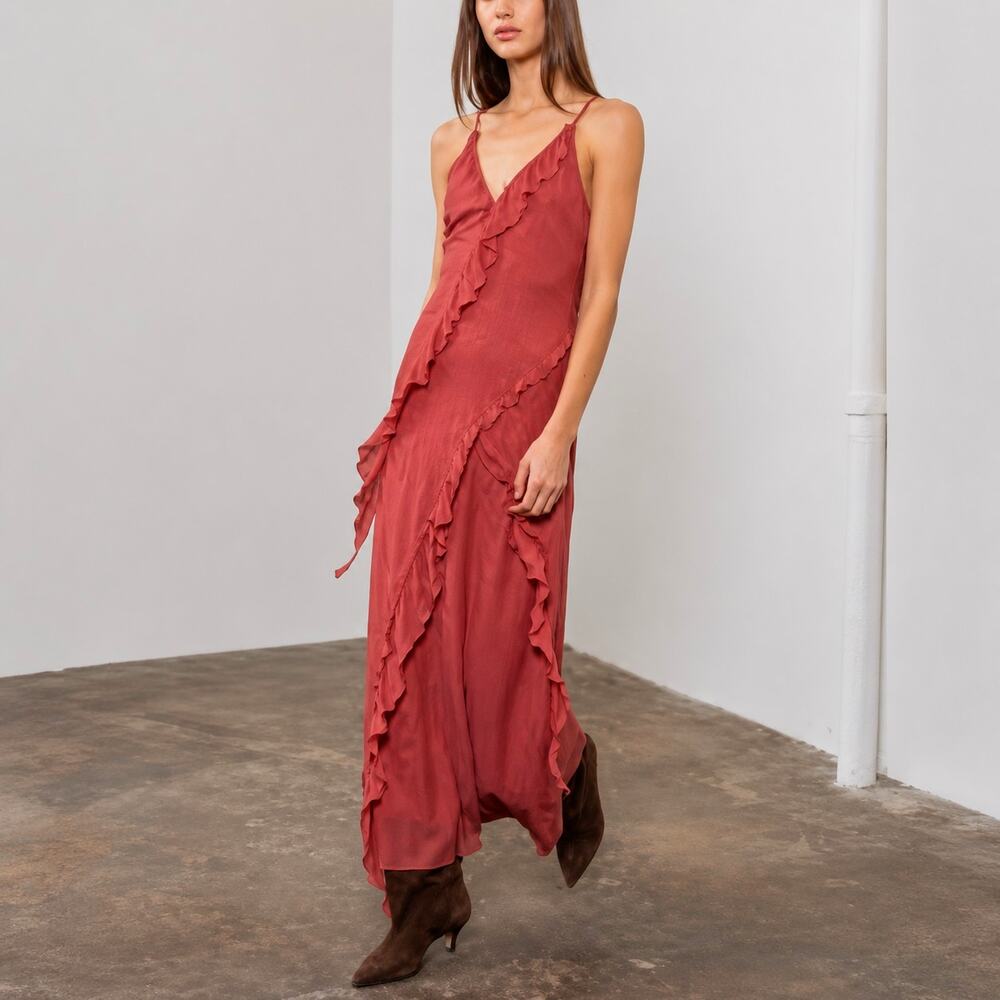 Moon River Ruffle Detail V-Neck Sleeveless Maxi Dress Dusty Rose Size Small